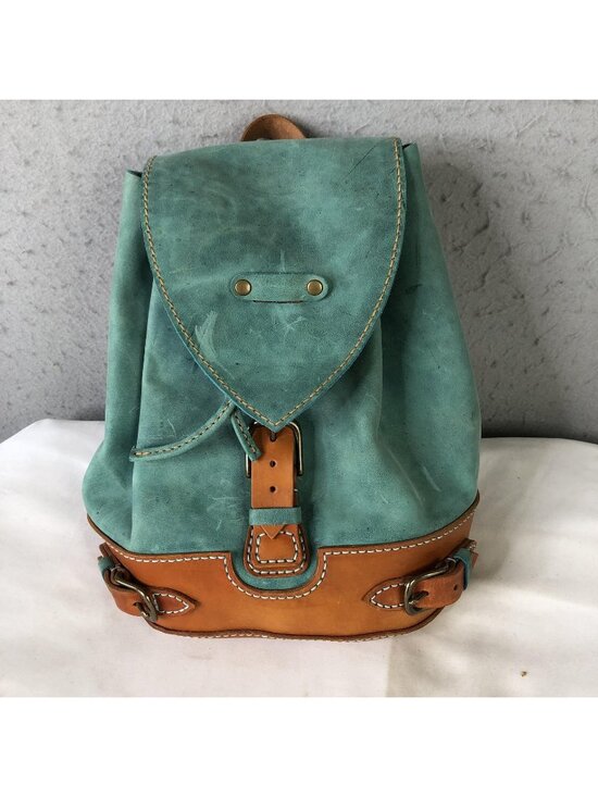Bespoke Handbags - Bespoke Backpack Bag Womens Small Turquoise Brown Leather Boho Drawstring Casual